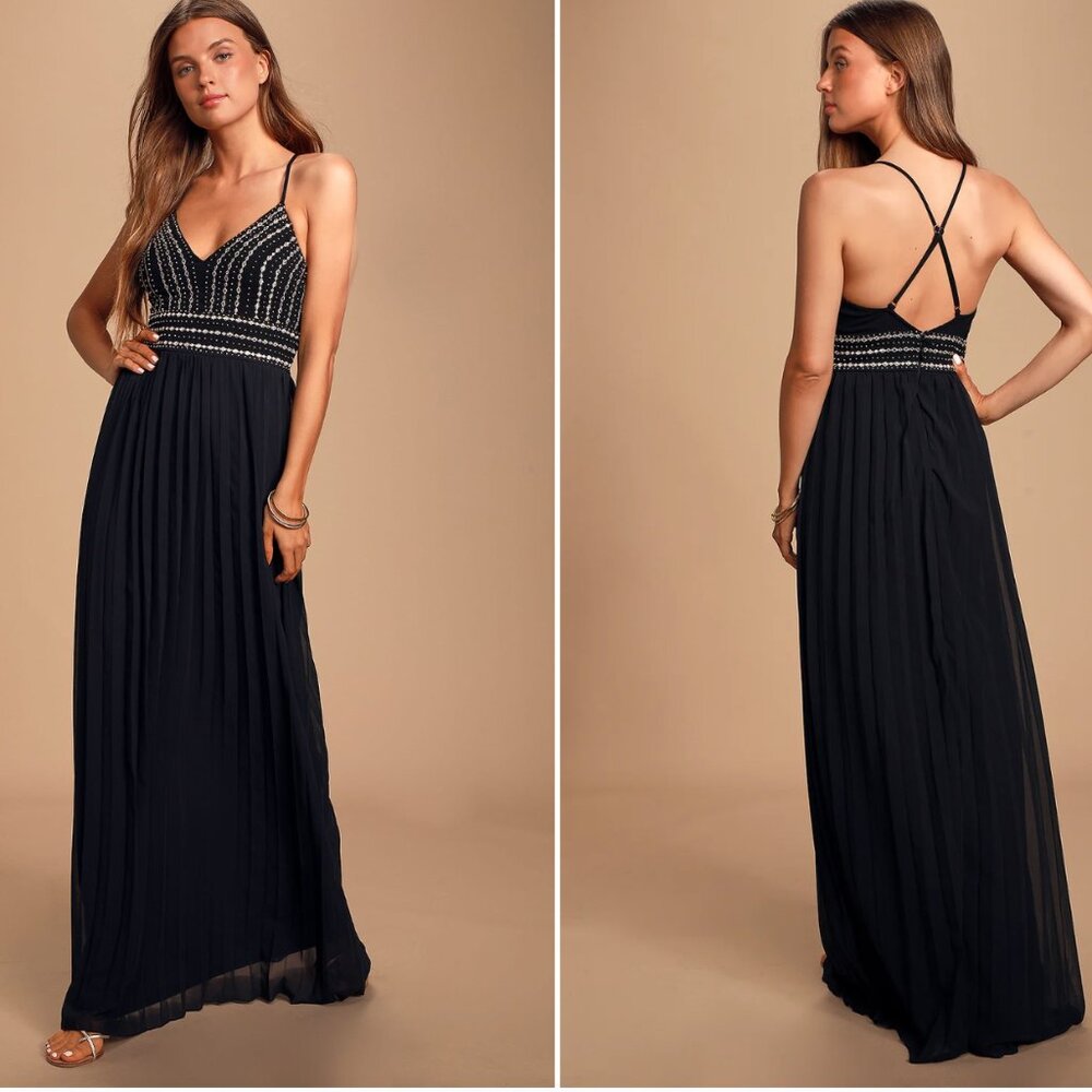 NWT Lulus Glamorous Gala Black and Gold Embroidered Maxi Dress Beaded Size M